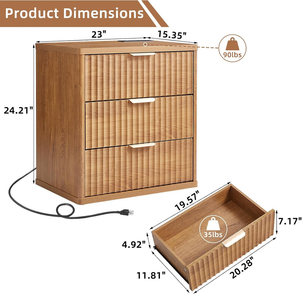 LEYAOYAO 23' Wide Fluted Farmhouse Night Stand Set of 2 with Charging Station, 3 Drawers Large End Table w/Metal Handle, Brown Nightstand Bedside Table,Wood Dresser for Bedroom, Closet