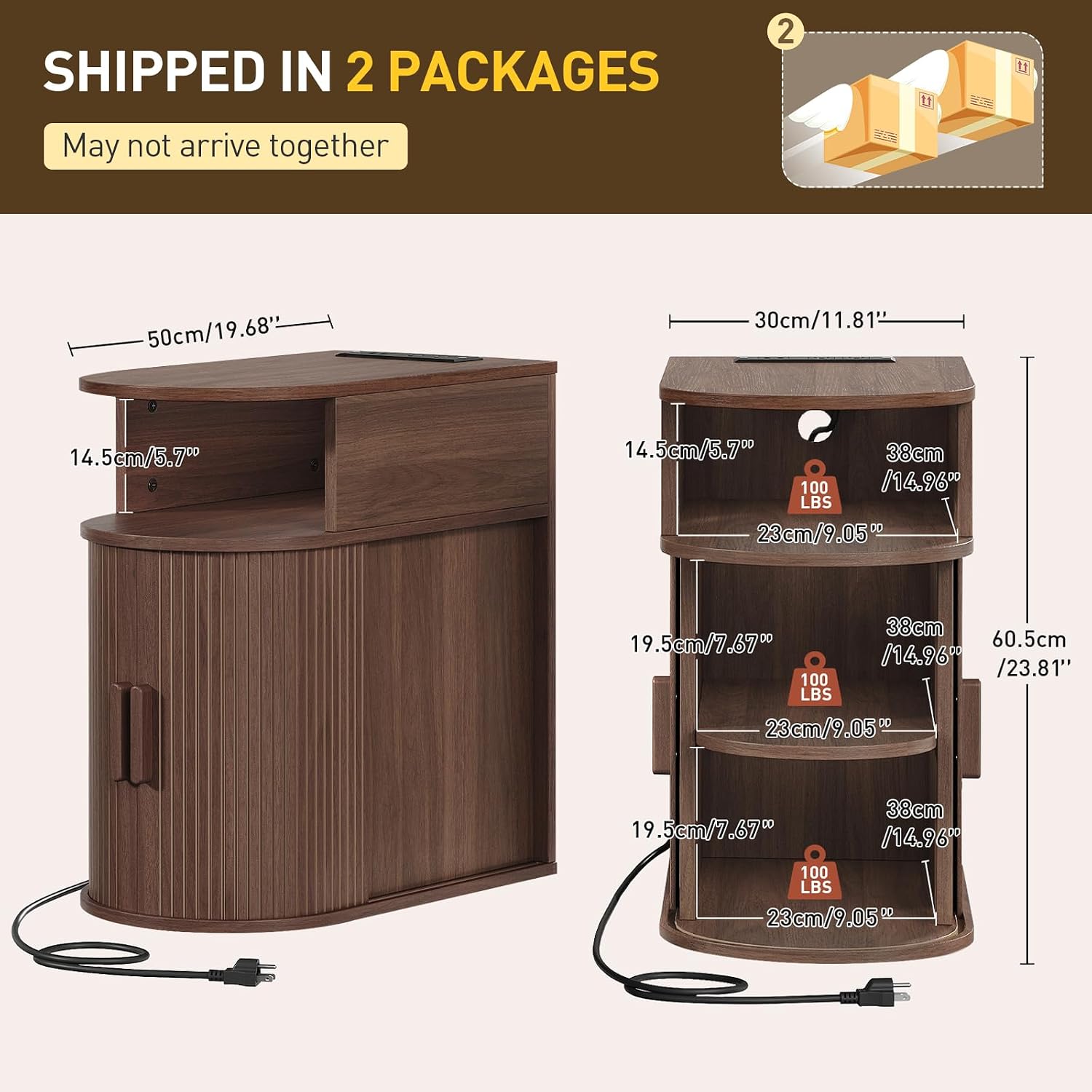 RALGEND Narrow End Table Set of 2,Fluted Sofa Side Table with Charging Station and Storage Shelf, Mid-Century Bedside Table, Modern Nightstand for Living Room,Bedroom,Walnut