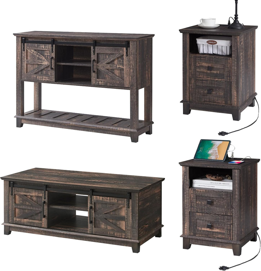 AMERLIFE Farmhouse 4-Piece Living Room Set, Entryway Console with Adjustable Shelves, Pair of 18' End Tables with Charging Station, Rectangular Coffee Table with Sliding Barn Doors, Rustic Oak Black
