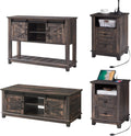 AMERLIFE Farmhouse 4-Piece Living Room Set, Entryway Console with Adjustable Shelves, Pair of 18' End Tables with Charging Station, Rectangular Coffee Table with Sliding Barn Doors, Rustic Oak Black