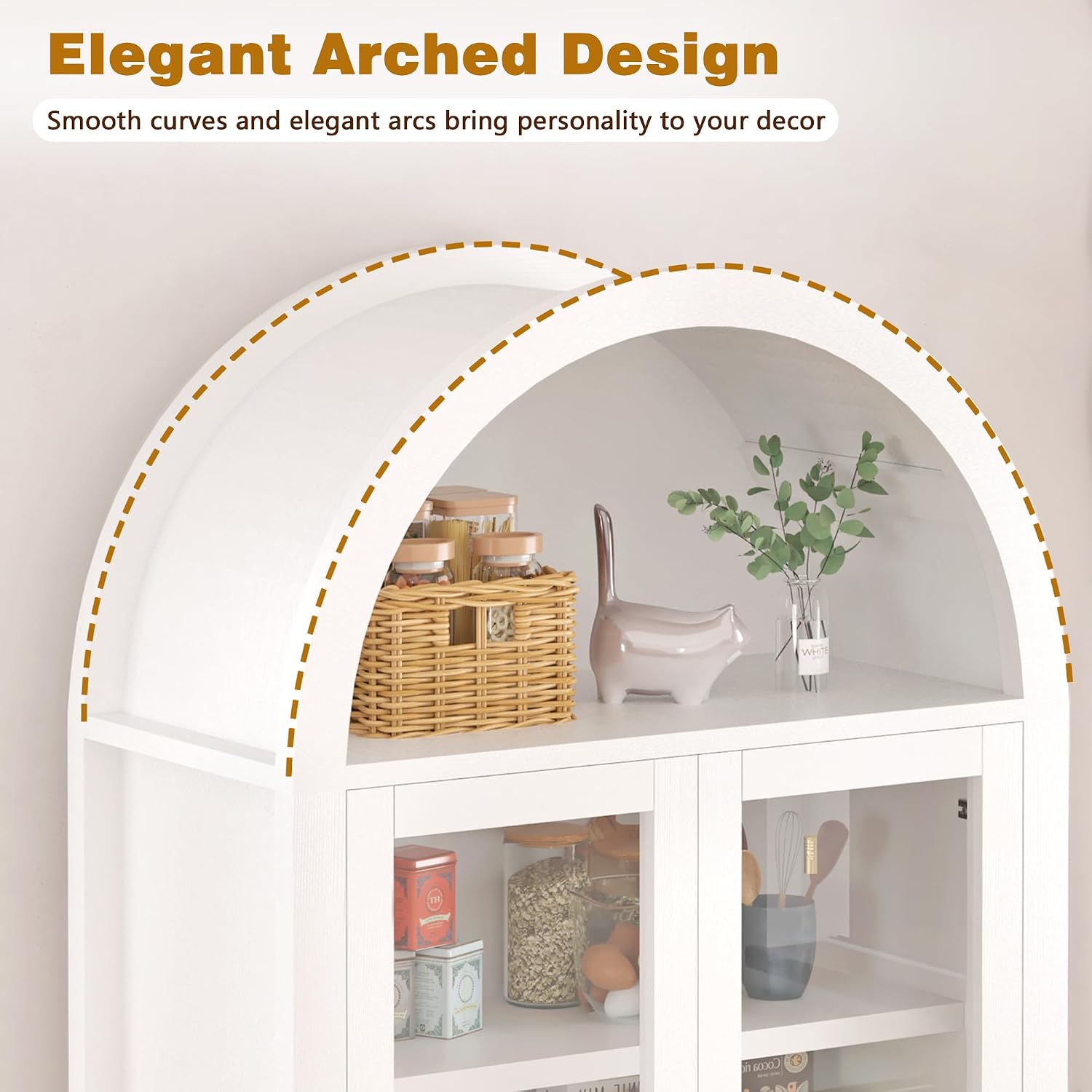 71' Tall Arched Kitchen Pantry with Drawer,Glass Door,Door Racks, Fluted Hutch Cabinet with Storage & Adjustable Shelves,Cupboard Buffet Cabinet for Living Room, Coffee Bar Corner(Natural)
