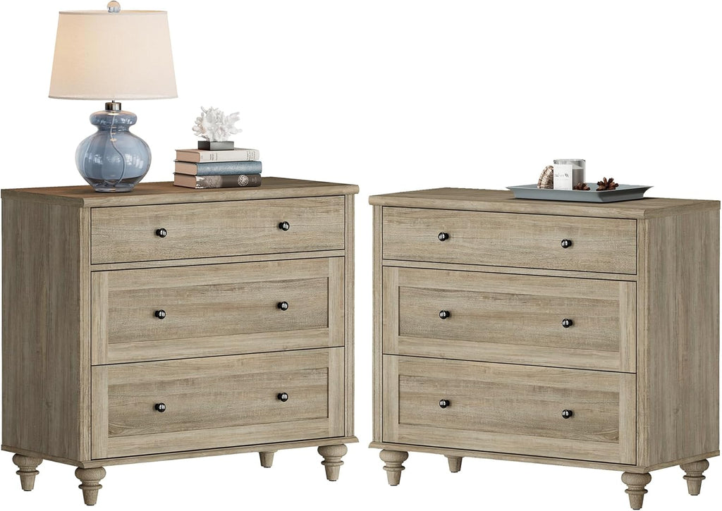 WAMPAT Farmhouse Nightstand with 3 Drawers, Set of 2 Large 3 Drawers Wood Bedside Table Night Stand, Wide Sofa Side End Table Chest of Dresser for Living Room, Bedroom, Wash Grey, 34 inch