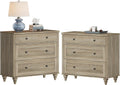 WAMPAT Farmhouse Nightstand with 3 Drawers, Set of 2 Large 3 Drawers Wood Bedside Table Night Stand, Wide Sofa Side End Table Chest of Dresser for Living Room, Bedroom, Wash Grey, 34 inch