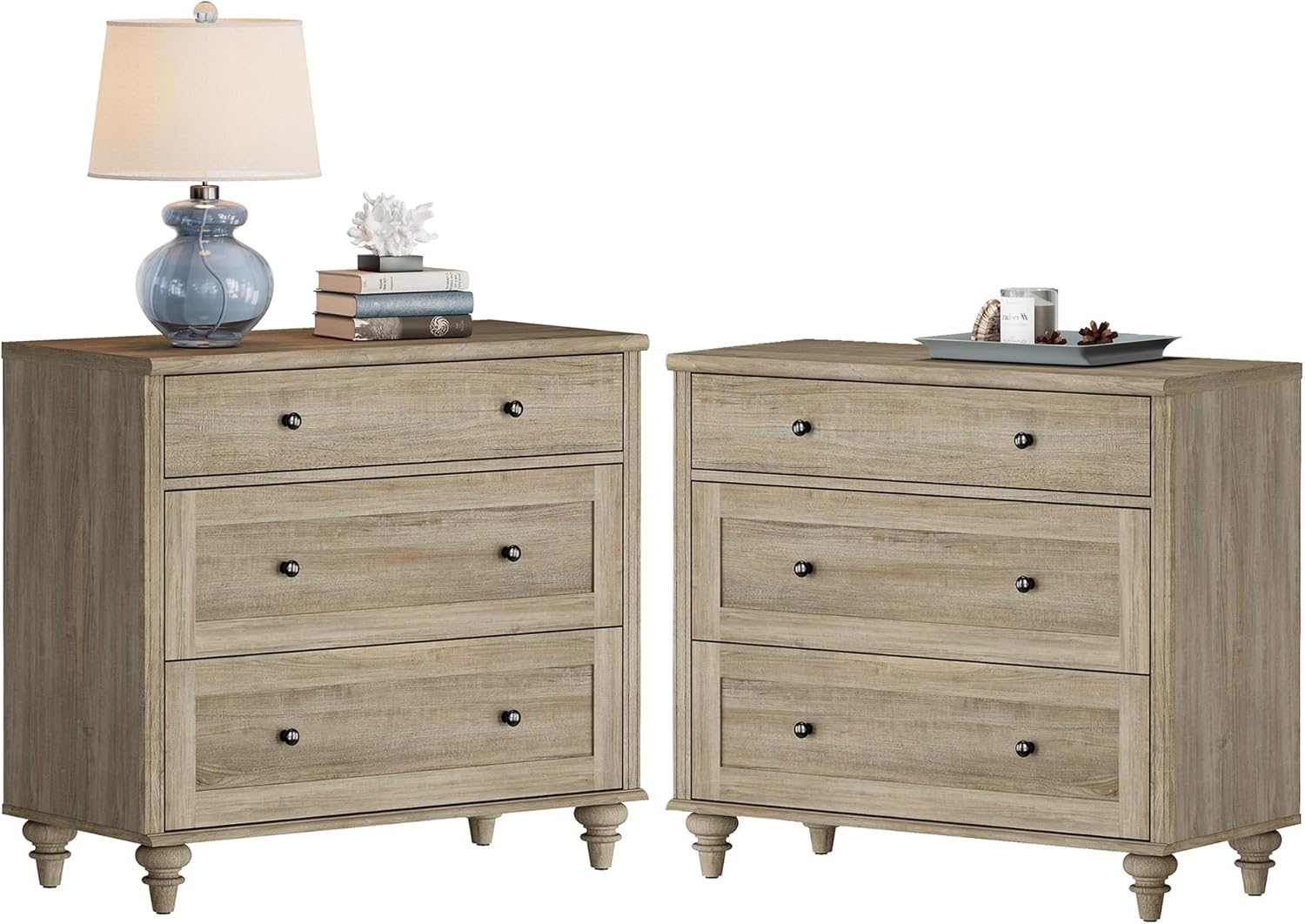WAMPAT Farmhouse Nightstand with 3 Drawers, Set of 2 Large 3 Drawers Wood Bedside Table Night Stand, Wide Sofa Side End Table Chest of Dresser for Living Room, Bedroom, Wash Grey, 34 inch