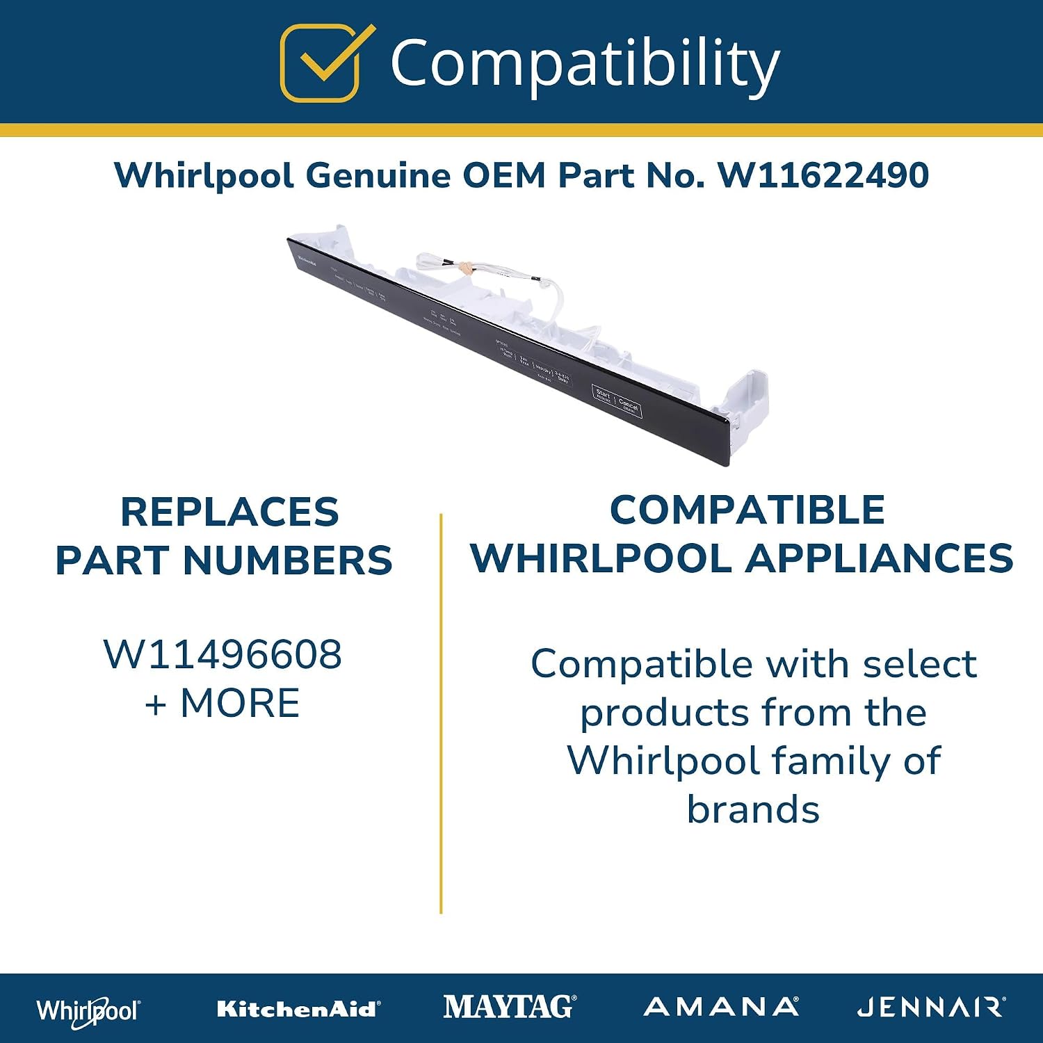 Whirlpool W11622490 OEM Dishwasher Control Panel, White
