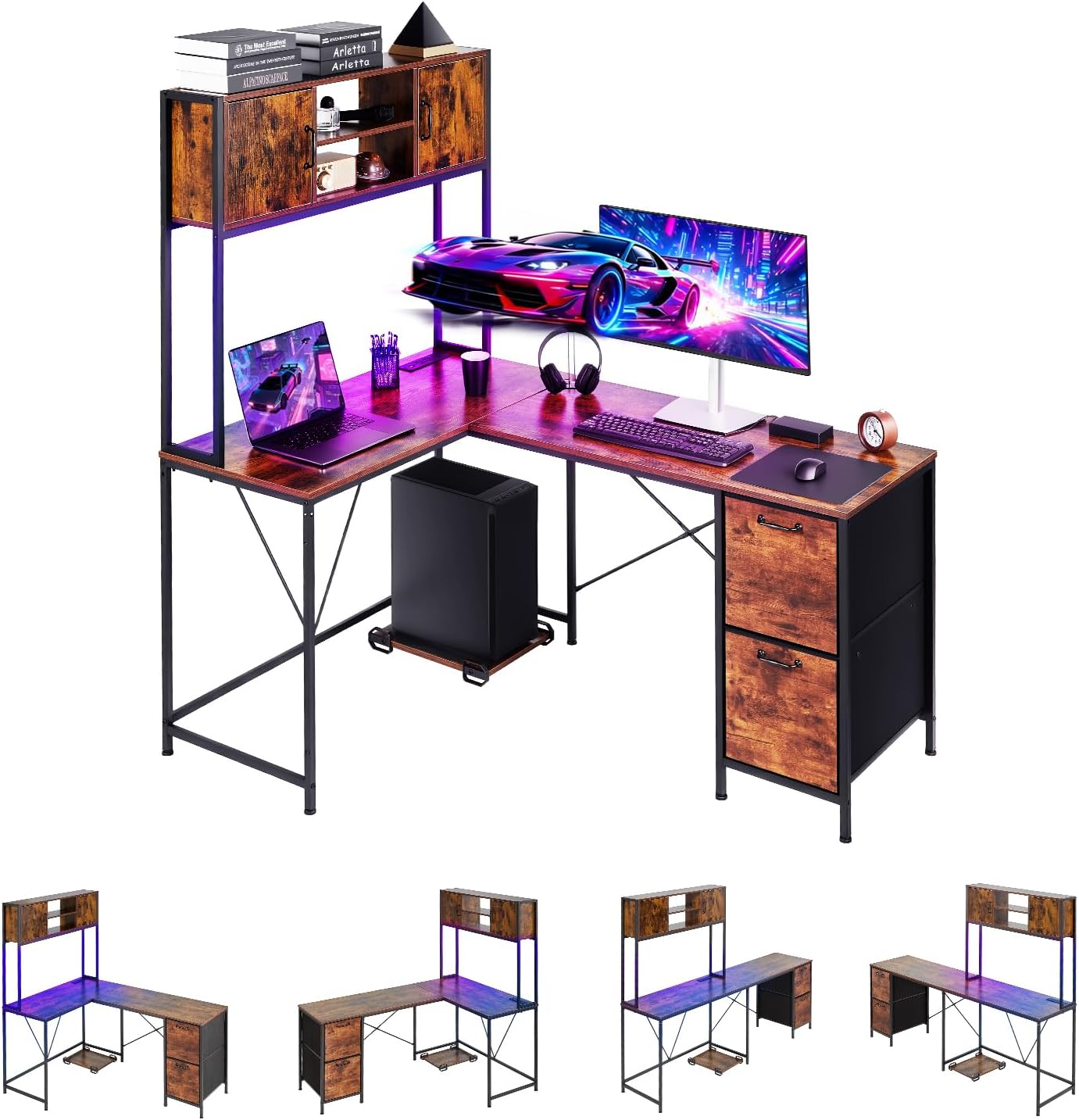 VEVOR L-Shaped Gaming Desk with LED Lights, 62.2-inch Reversible Corner Computer Desk with Power Outlets, Movable CPU Stand & Storage Drawers, Modern Stylish PC Gaming Table for Home Office