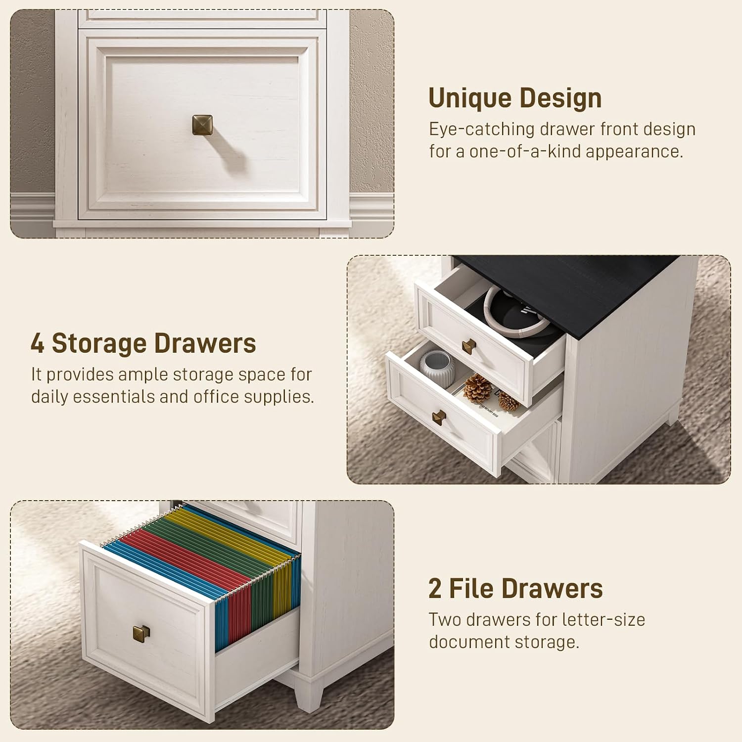 Vabches Farmhouse L Shaped Executive Desk with 6 Drawers, 59'' Wood Home Office Desk with File Cabinet, Writing Corner Computer Desk for Home Office, Work, Study, White and Black