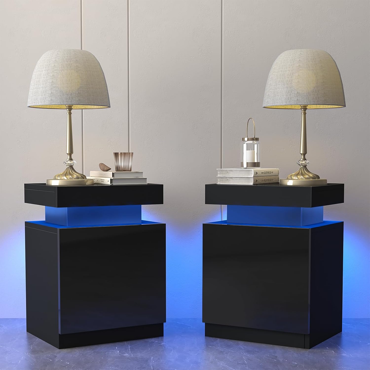 oneinmil LED Nightstands Set of 2, Night Stand with Storage Cabinet for Bedroom, Bedside Table with LED Lights, Modern End Side Table, Black