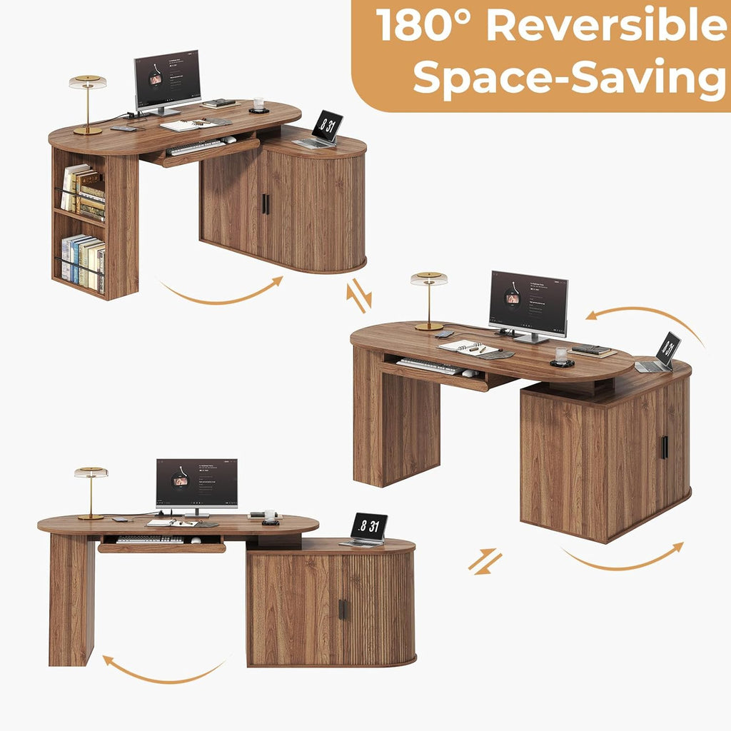 HSH Office L Shaped Computer Desk with Storage Cabinet, Reversible Corner L Desks with Keyboard Tray and Open Shelf, Home Office Executive Desk with Power Outlet for Study Workstation, Walnut 60 Inch
