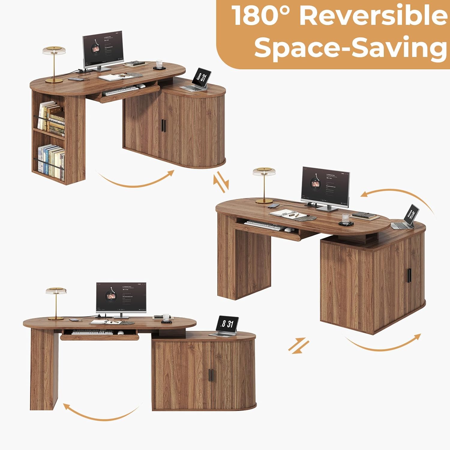 HSH Office L Shaped Computer Desk with Storage Cabinet, Reversible Corner L Desks with Keyboard Tray and Open Shelf, Home Office Executive Desk with Power Outlet for Study Workstation, Walnut 60 Inch