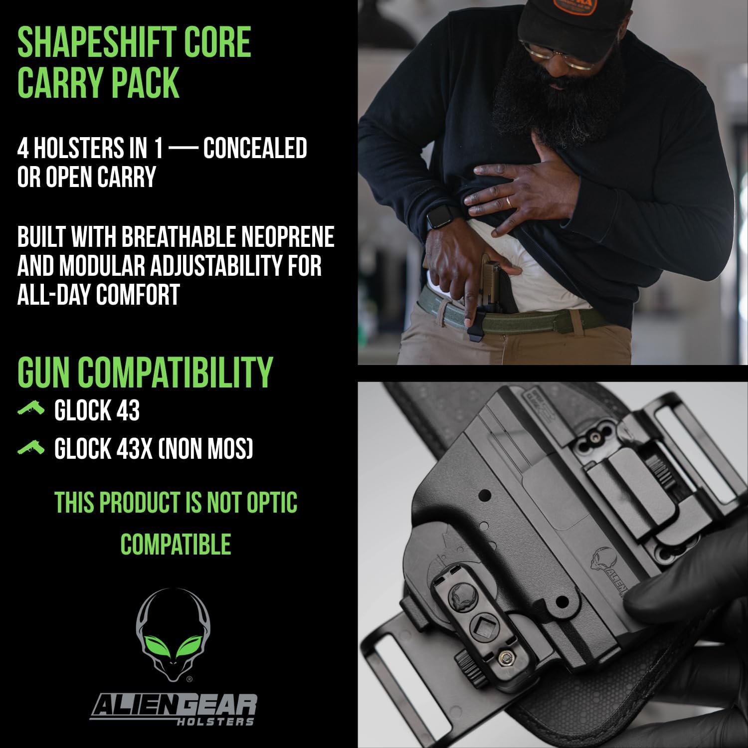 Alien Gear Shapeshift Core Carry Pack Holster - 4 in 1 Holster, IWB, Appendix, OWB Paddle and OWB Belt Slide Included - Closed and Open Carry - Tuckable - Right or Left Hand Draw - Made in USA