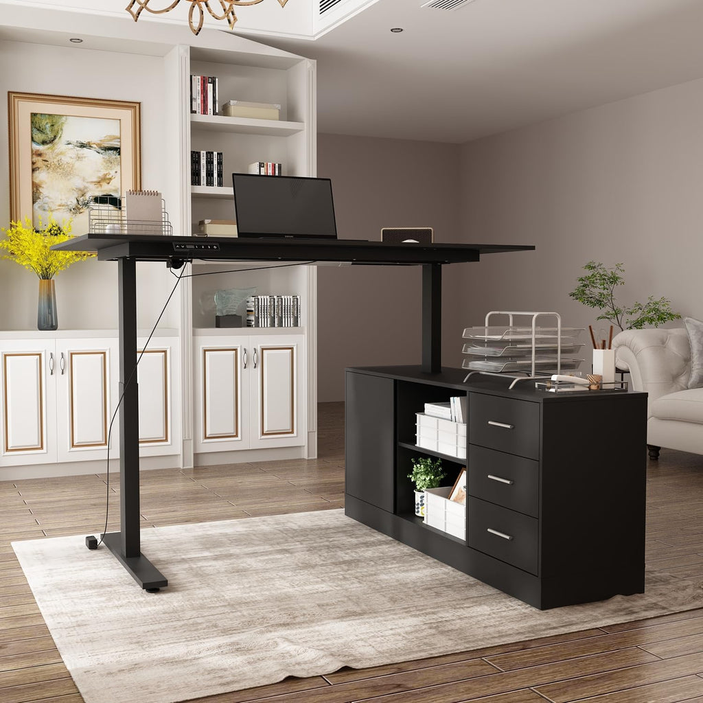 AGOTENI 63' W L-Shaped Electric Standing Desk with Cabinet, Height Adjustable & Reversible Corner Computer Desk with Drawers & Storage Shelves for Home Office, Black