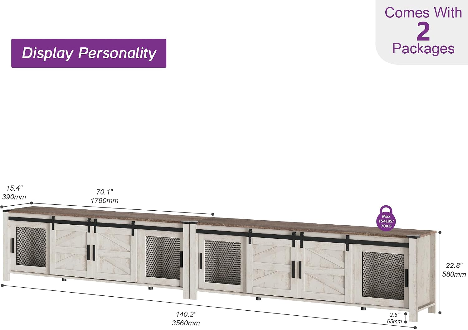 WAMPAT Farmhouse TV Stand for 100 Inch TV with Sliding Barn Door, Set of Two Modern Wood Entertainment Center with Storage Cabinets, Media Console Table for Living Room Bedroom，Rustic Oak and White