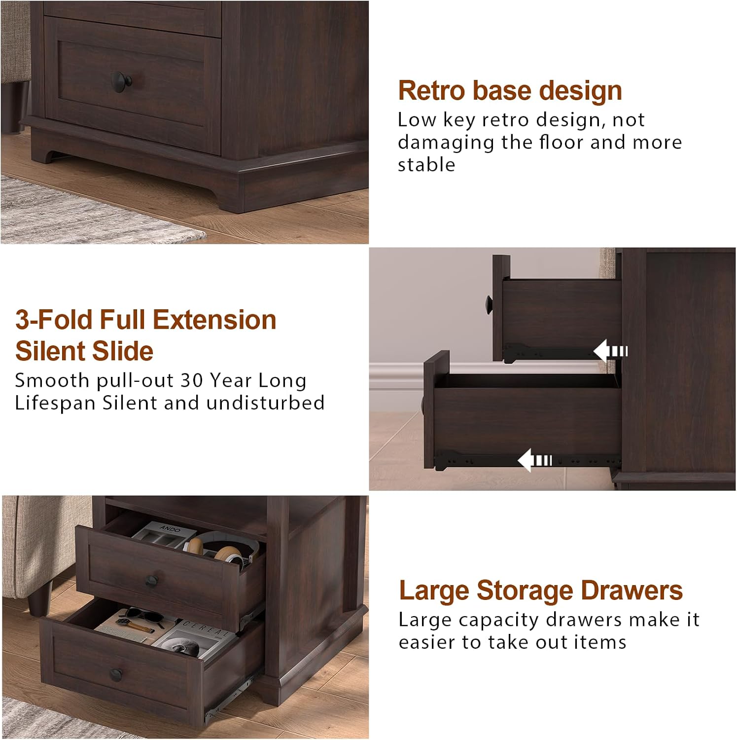 HIFYOBRO 24' Tall End Table with 2 Drawers and Charging Station, Type-C & USB Port & Power outlets, Wooden Storage Cabinet, 21' W Large Side Table with Storage for Living Room and Bedroom (Espresso)