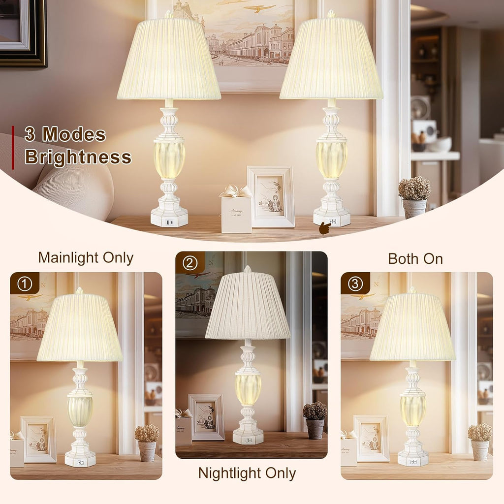 27' Rustic End Table Lamp Set of 2 with Night Light for Bedroom Living Room USB Charging Pots Farmhouse Bedside Lamp with Pleated Shade Boho Nightstand Lamps for Room Office Hotel Dorm(Bulb Included)