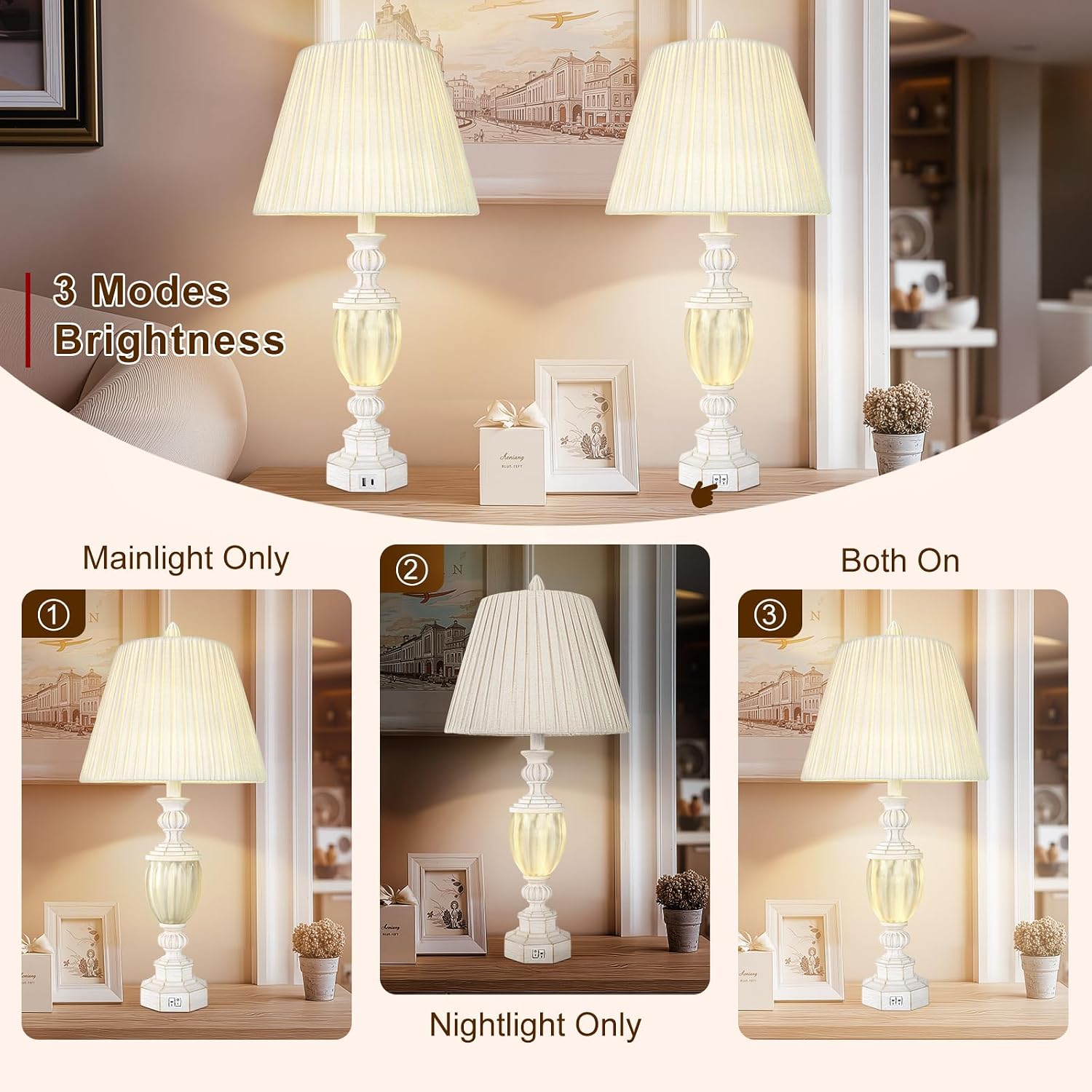 27' Rustic End Table Lamp Set of 2 with Night Light for Bedroom Living Room USB Charging Pots Farmhouse Bedside Lamp with Pleated Shade Boho Nightstand Lamps for Room Office Hotel Dorm(Bulb Included)