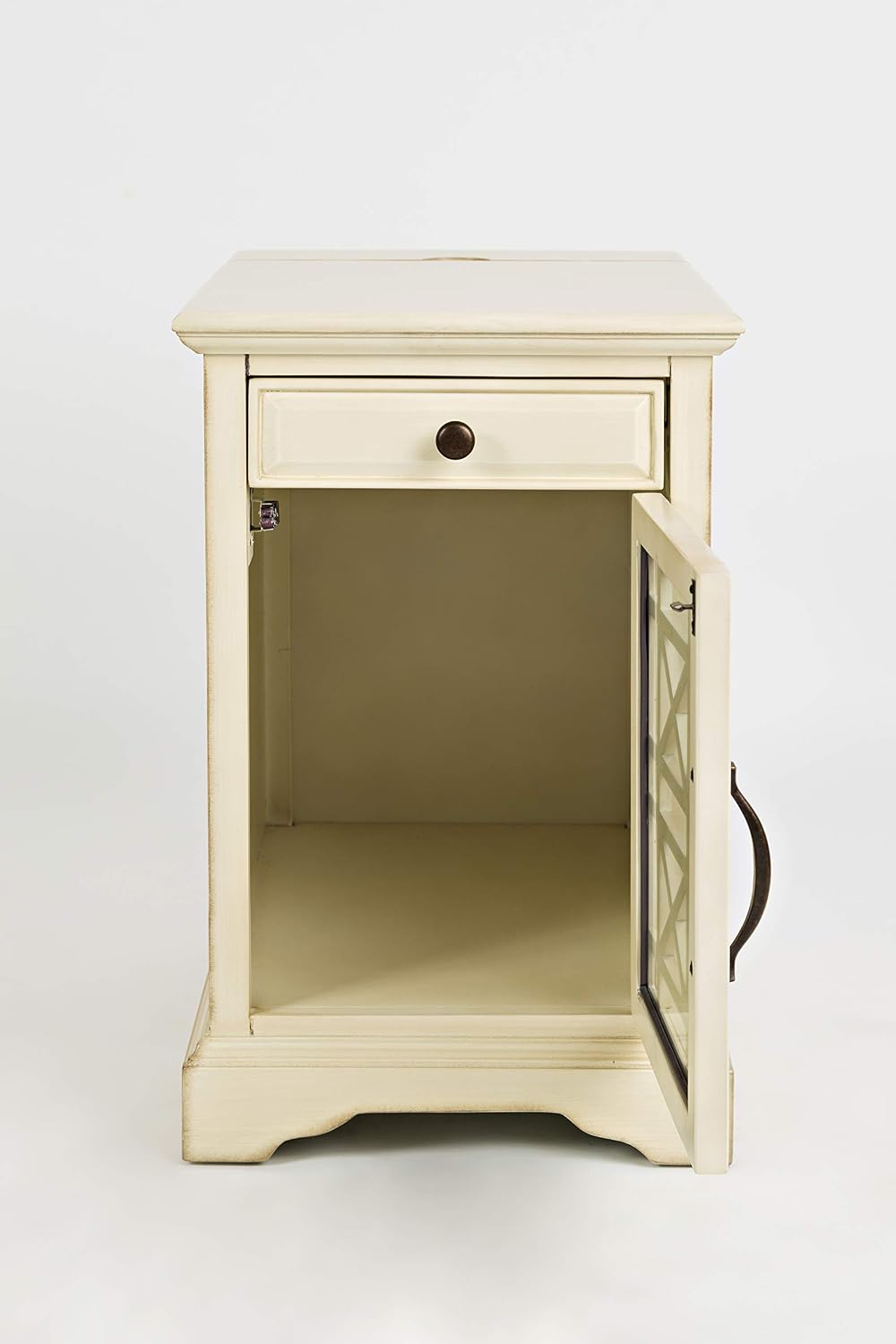 Jofran Farmhouse Craftsman End Table with Charging Station – Narrow Night Stands with USB Charging Port – Space-Saving Design for Bedroom, Living Room, or Entryway, Antique Cream