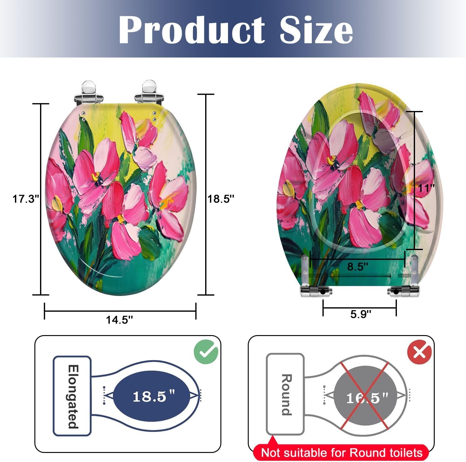 Elongated Toilet Seat drawing flowers green Oil Acrylic impressionistic style Resin Toilet Seat Slow Quiet Close with Quick-Release Hinges Toilet Seat with Cover Easy to Clean Install
