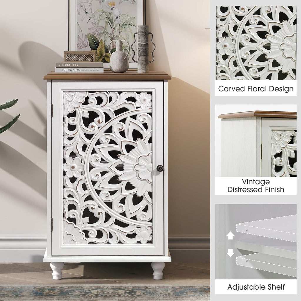 JOINICE Small Accent Cabinet with Carved Mandala Door, White Storage Cabinet with Solid Wood Legs & Adjustable Shelf, Boho Distressed End Table for Living Room, Bedroom, Entryway Side Table