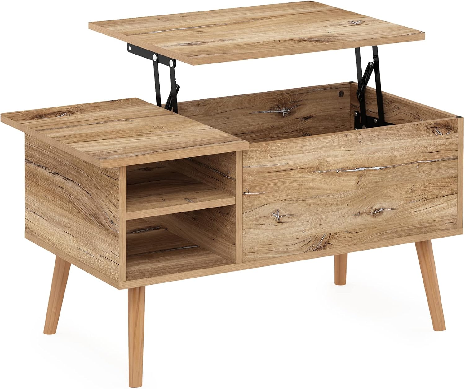 Furinno Jensen Wooden Leg Lift Top Coffee Table with Hidden Compartment and Side Open Storage Shelf for Living Room, Flagstaff Oak