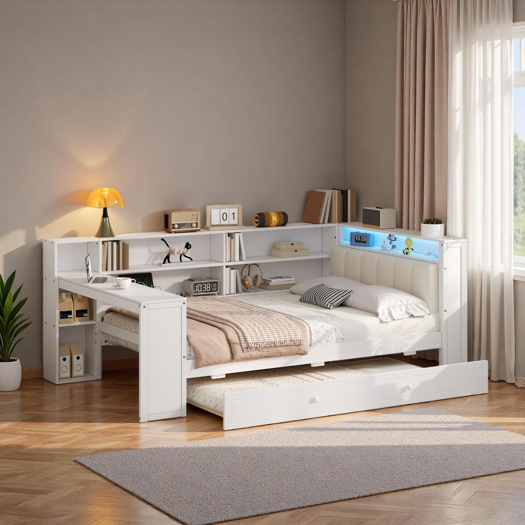 LUMISOL Twin Size Daybed Bed with Trundle, Storage Shelves, Desk & Charging Station, L-Shaped Corner Bed Frame with Upholstered Headboard for Living Room, Guest Room, White