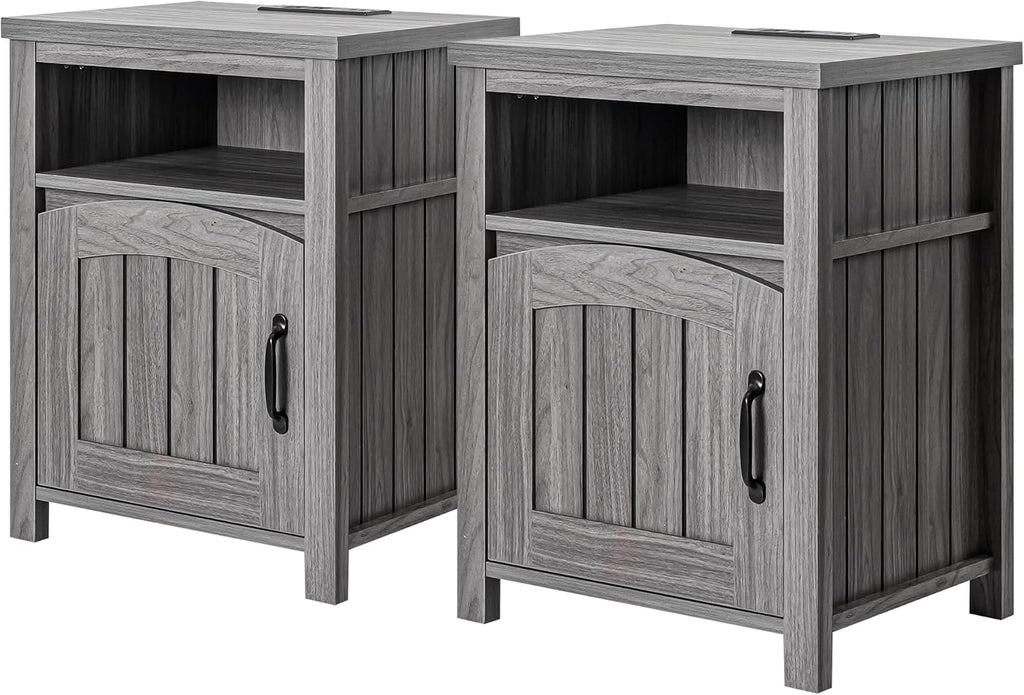 Farmhouse Nightstand with Charging Station Set of 2, 18' End Table with Adjustable Storage Shelf, Rustic Wood Sofa Side Table with Door for Living Room, Bedroom, Dark Gray