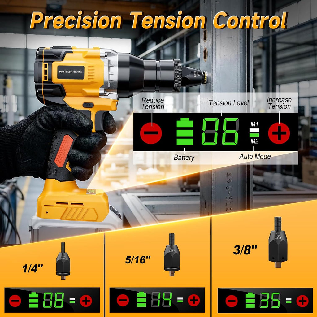 Electric Rivet Nut Tool Kit Compatible with DeWalt 20V Battery(Not Battery), Rivet Nut Gun with 1/4', 5/16', 3/8' Head, Rivnut Gun with Auto Mode & Memory Function, for Metal Fabrication & Car Repair