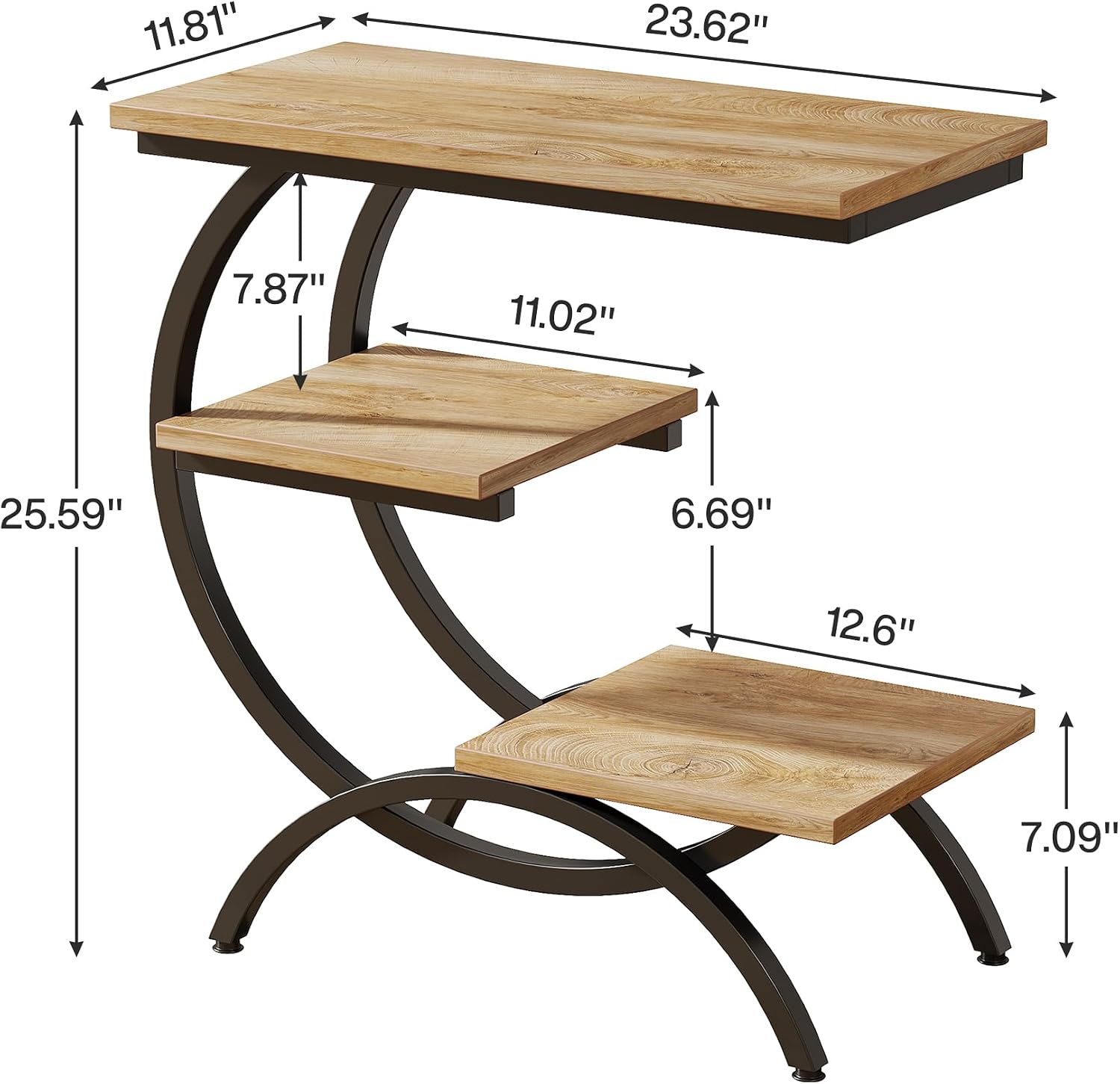 Tribesigns C-Shaped End Table Set of 2, Industrial 3-Tier Small Side Table for Couch, Wood Bedside Table Snack Side Table with Storage Shelves for Living Room Small Space, Light Brown