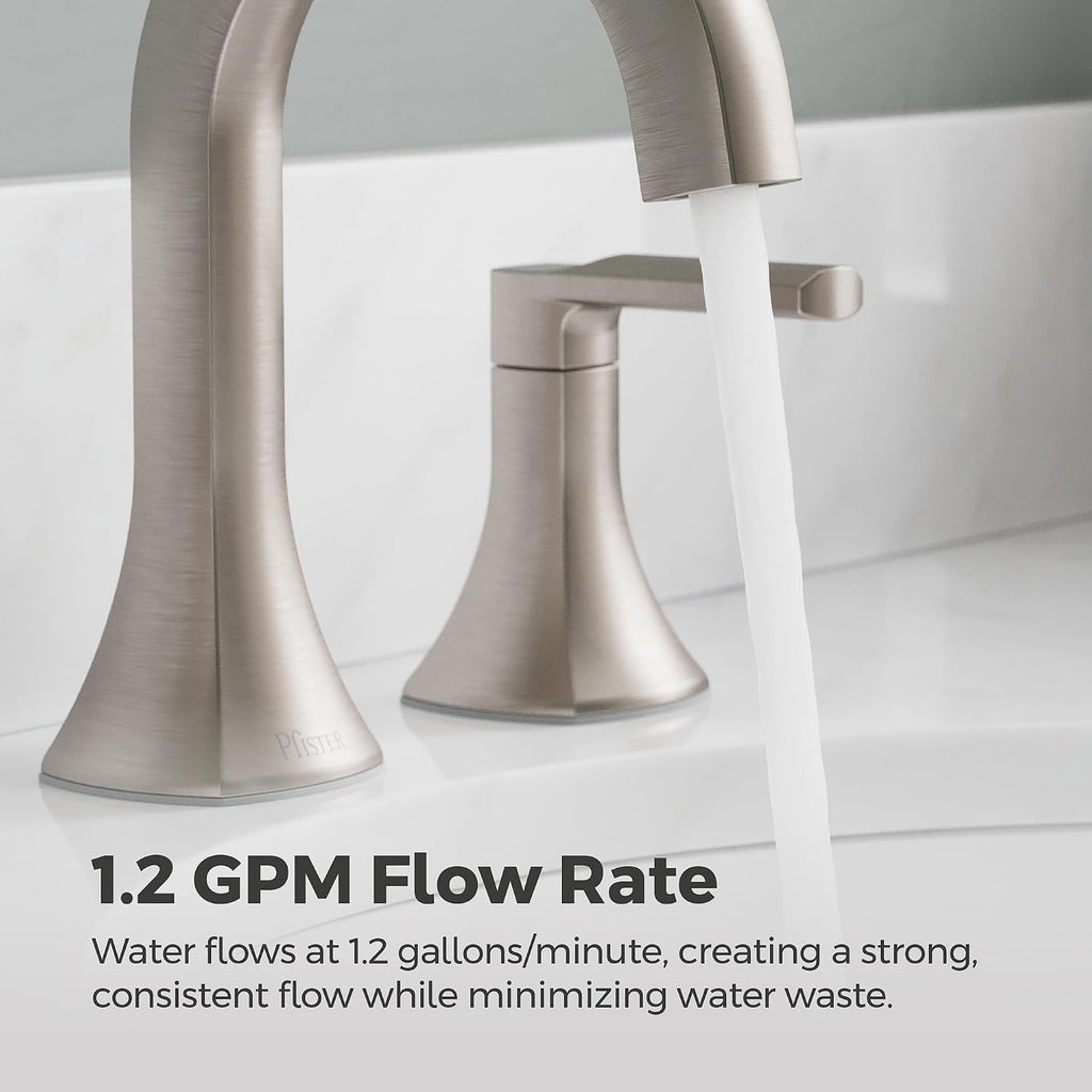 Pfister Vaneri 2-Handle Widespread Bathroom Sink Faucet 3-Hole NSF Certified Spot Defense Brushed Nickel Finish with Push & Seal Drain TiteSeal Technology LF049VRIGS