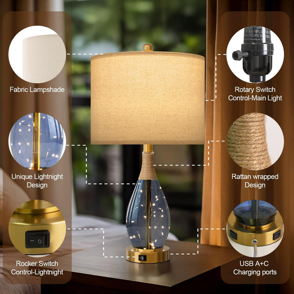 OYEARS 23' Table Lamps for Living Room Set of 2 Bedside Lamps for Night Stands Bedroom Lamps Farmhouse Rattan Boho Lamp Glass Nightlight End Table Lamp with USB C+A (Blue),Two Light Points
