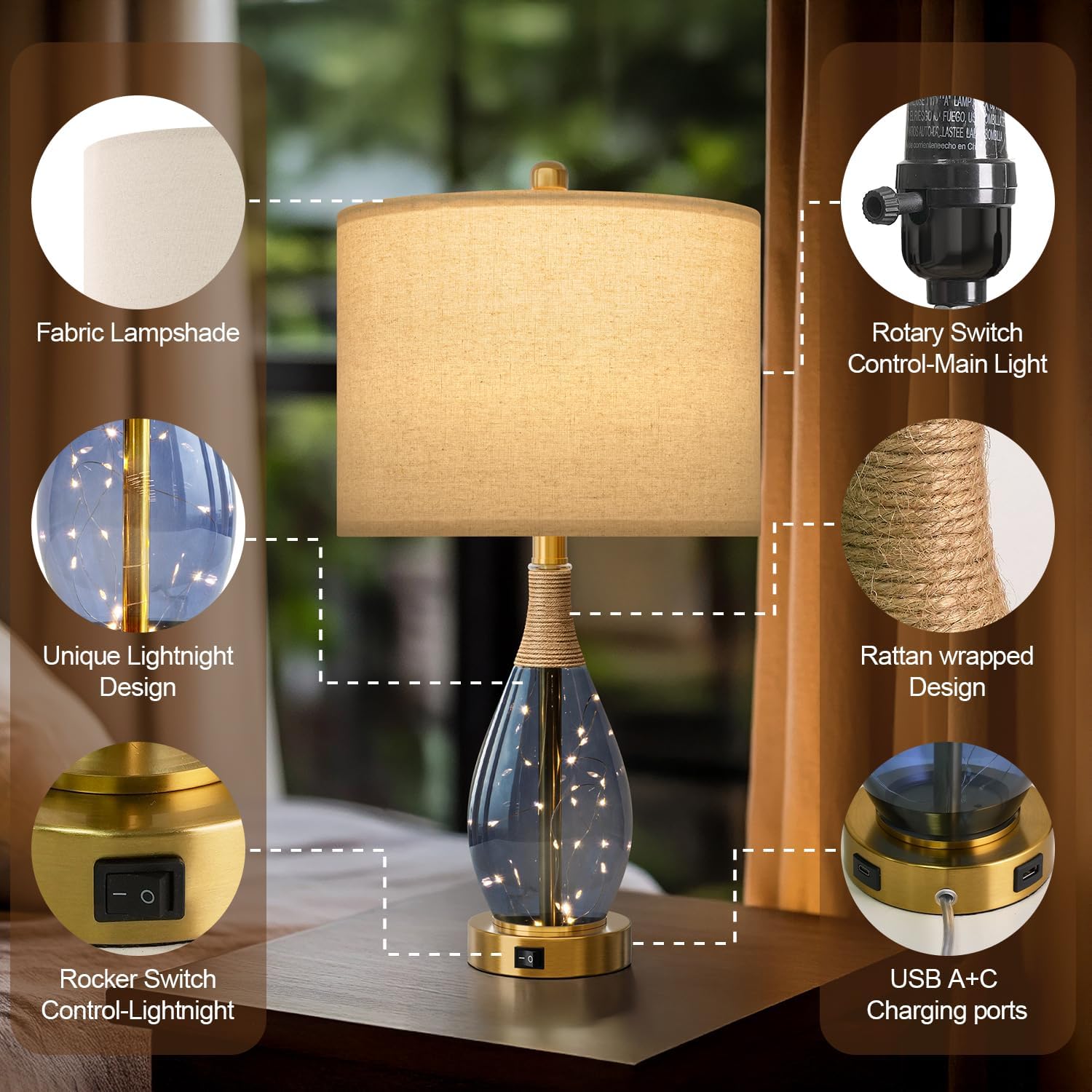 OYEARS 23' Table Lamps for Living Room Set of 2 Bedside Lamps for Night Stands Bedroom Lamps Farmhouse Rattan Boho Lamp Glass Nightlight End Table Lamp with USB C+A (Blue),Two Light Points