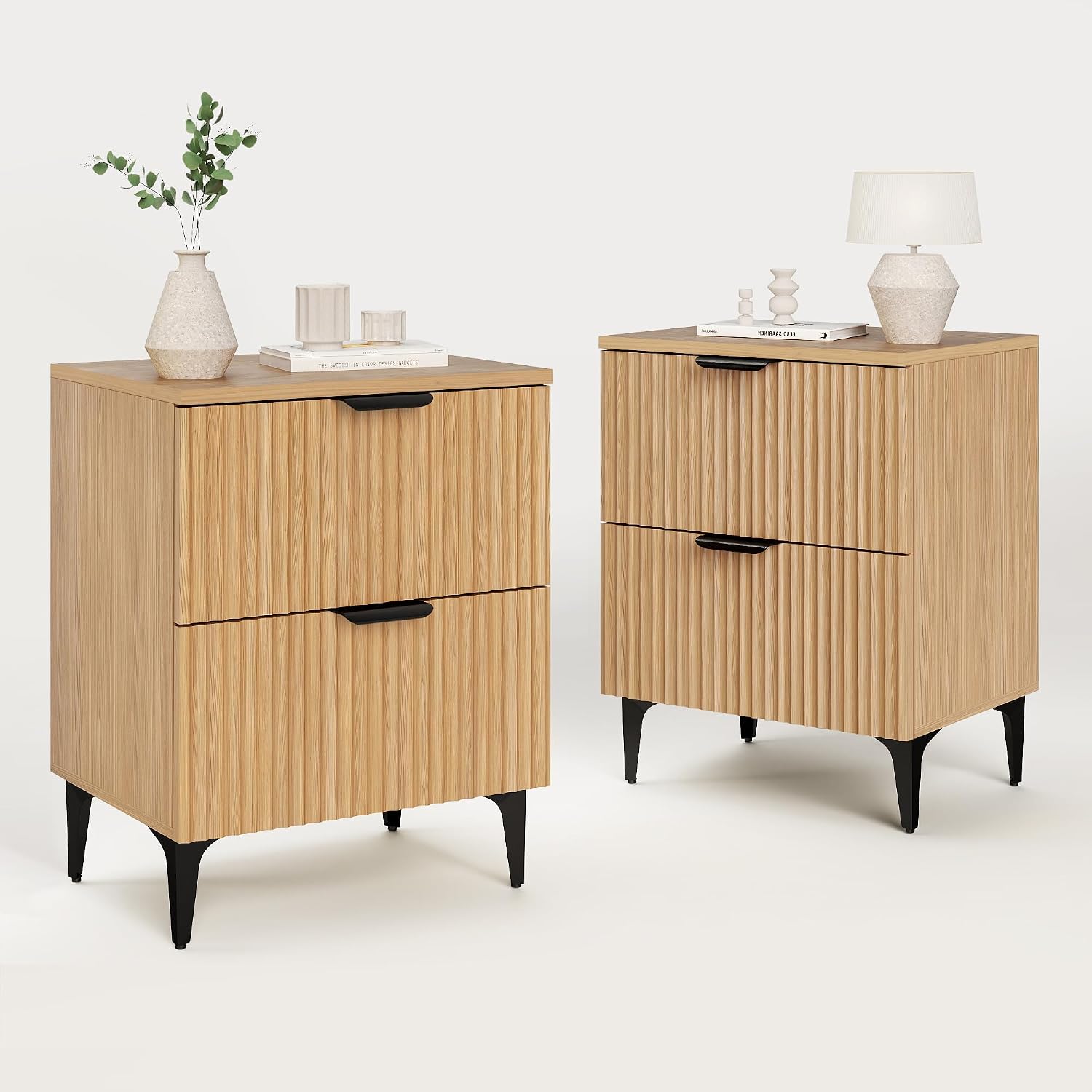 SUNWAVE Fluted Nightstand Set of 2, Modern Night Stands with 2 Drawers, Bedside Table for Twin/Full/Queen Bed, End Table with Robot-Friendly Metal Legs for Bedroom, Living Room