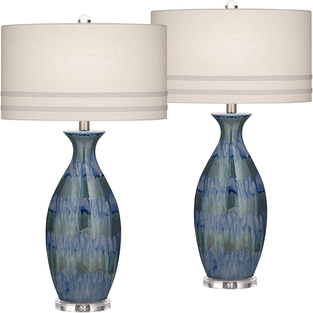 Possini Euro Design Annette 38' Tall Large Modern Coastal End Table Lamps Set of 2 Blue Drip Finish Ceramic Off-White Shade Living Room Bedroom Bedside Nightstand House Office Home (Colors May Vary)