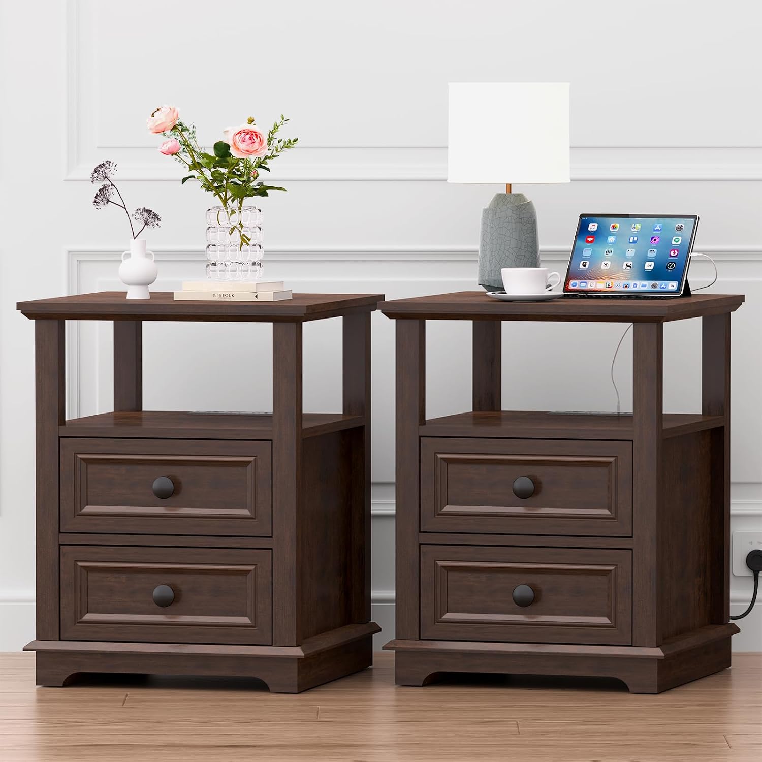 REDAYFUR 18' Wide End Table with Fast Charging Station Set of 2, 18' Wide Sofa Side Table with Drawers,End Table with Drawers for Living Room,Cherry