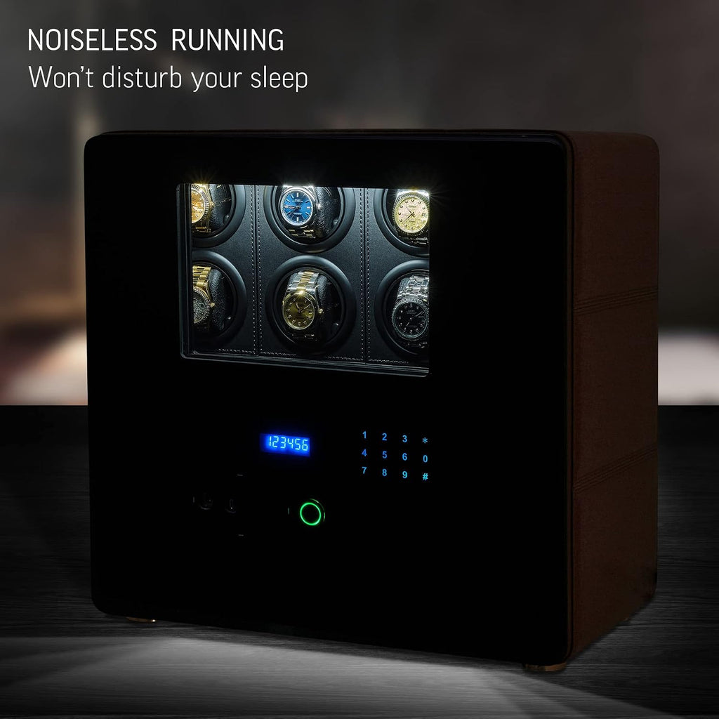 12 Watch Winder with Fingerprint Lock, Interior Light, Alarm System and 2 Storage Compartments