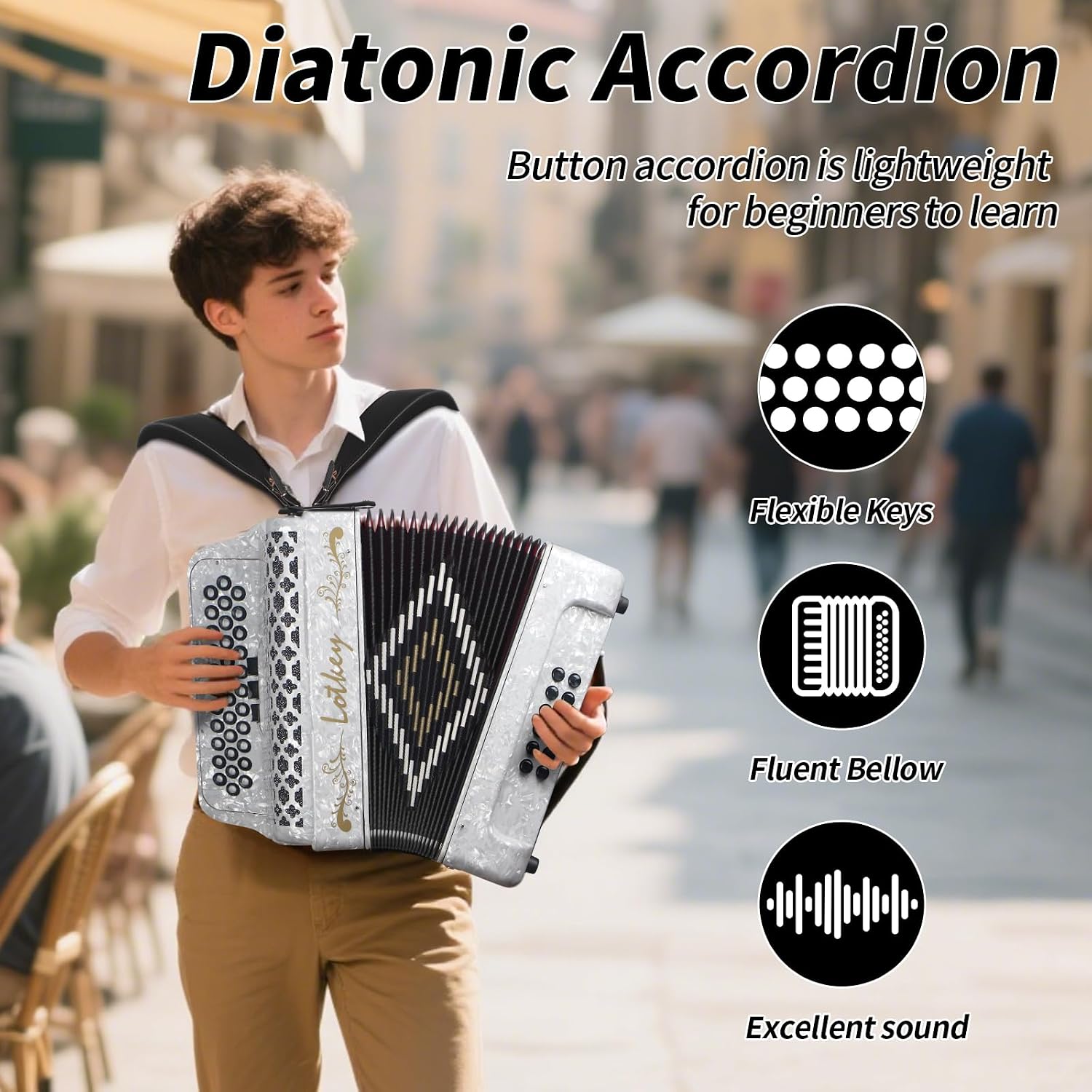 Lotkey 34 Key Diatonic Accordion, 3412 Multi Tone Celluloid Accordions Louder Clearer Timbre than Plastic for Adult, Beginner, Professional with Updated Bag, Straps, Acordeón Wrist Guard (FBE White)