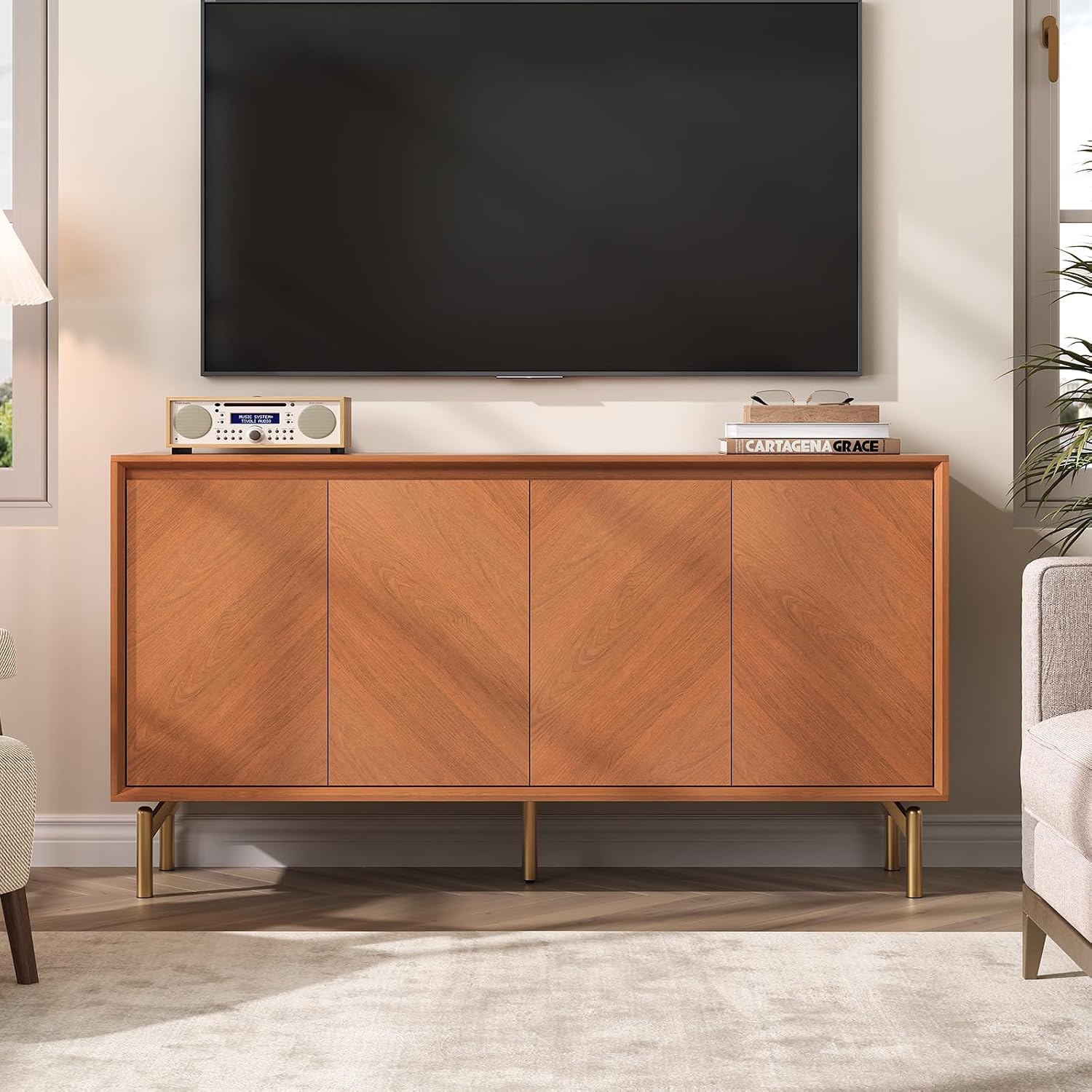 JOINICE Storage Cabinet, 59' Sideboard Buffet Cabinet with 4 Doors, Mid-Century Modern Wood Accent Cabinet, Chevron Pattern Credenza for Dining Room, Living Room, Entryway, Brown