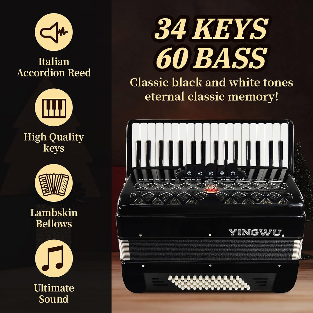 Accordion 34 keys 60 bass keys Lightweight instrument for beginners Adult with backpack Ergonomic strap Easy to play instrument (black)