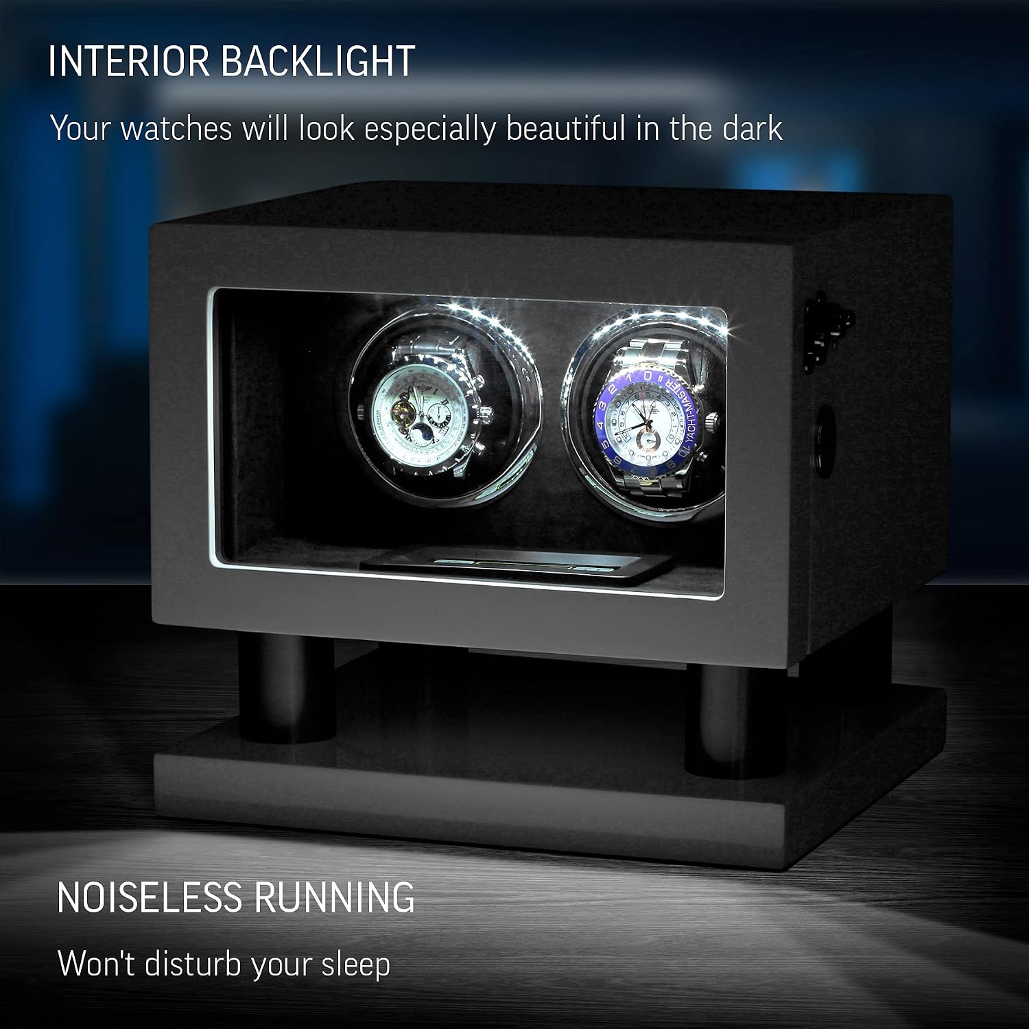 Watch Winder for 2 Watches with LED Backlight, LCD Display and Motor-Stop Option