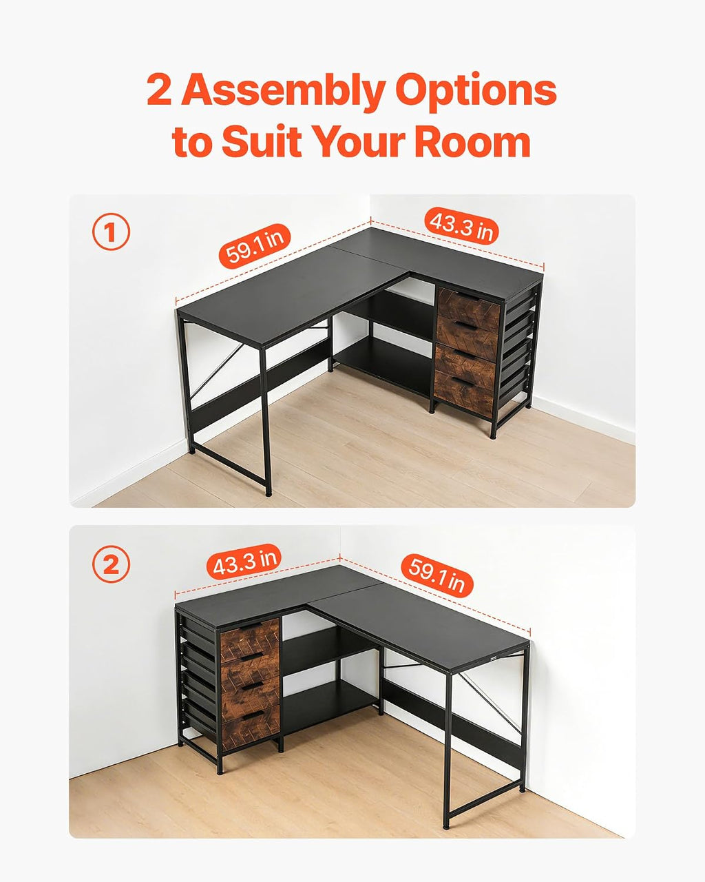 VEVOR L-Shaped Computer Desk, 59-inch Reversible Corner Gaming Desk with Drawers & Storage Shelves, Modern Stylish PC Table Sturdy Work Workstation for Home Office - Easy to Assembly