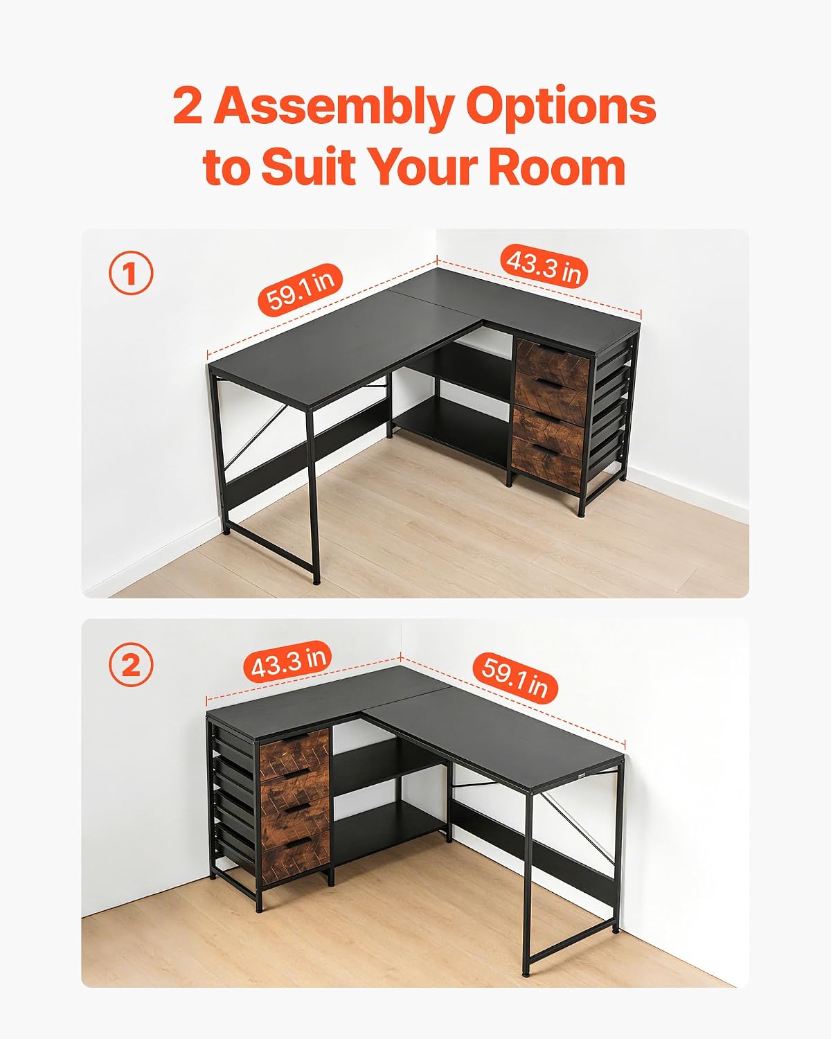 VEVOR L-Shaped Computer Desk, 59-inch Reversible Corner Gaming Desk with Drawers & Storage Shelves, Modern Stylish PC Table Sturdy Work Workstation for Home Office - Easy to Assembly