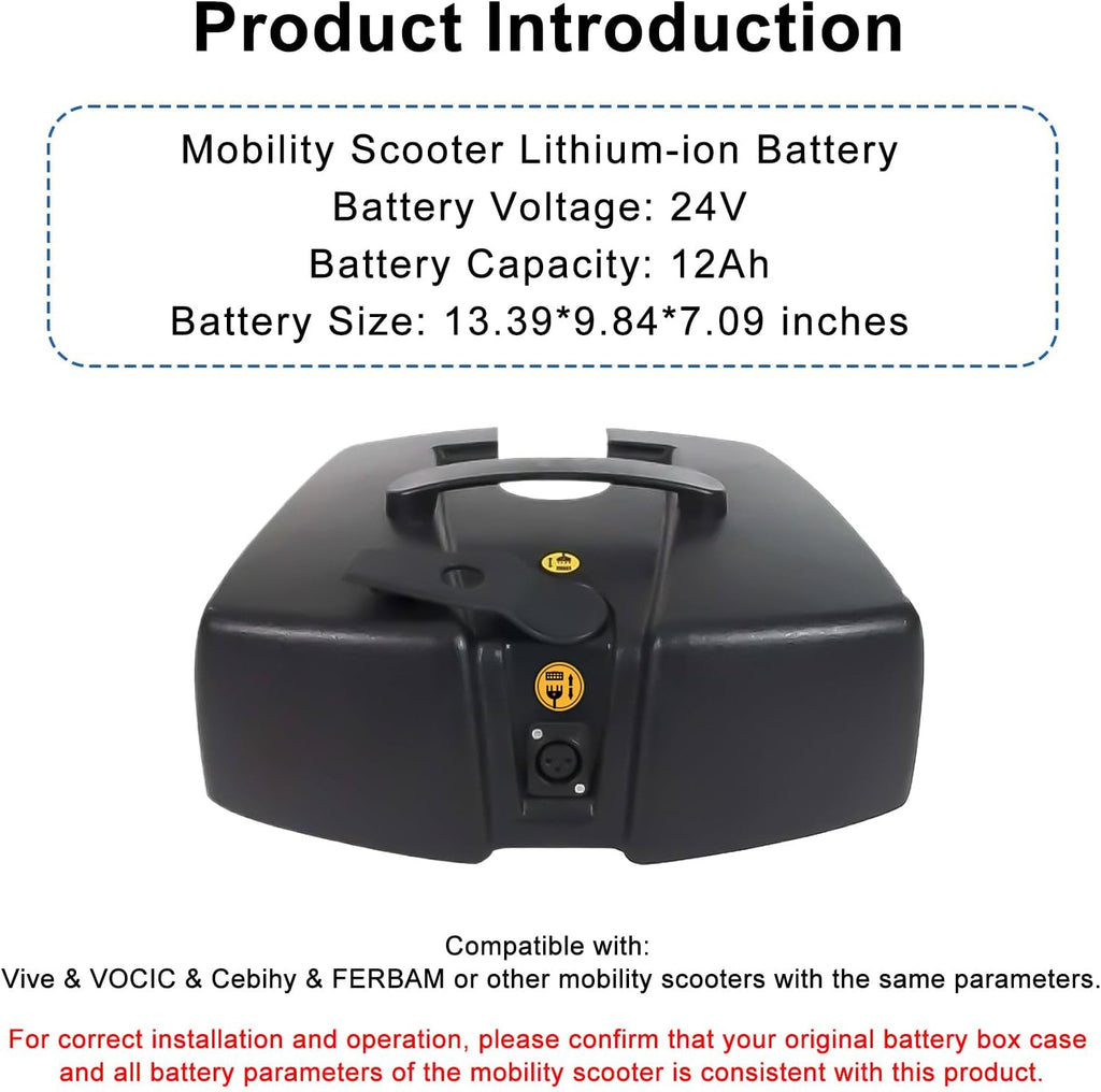 24V 12AH Mobility Scooter Lithium High Performance Battery Replacement for Vive 3 or 4 Wheel Compatible with VOCIC Folding Wheelchair with Seat - Including Charger (24V 12Ah)