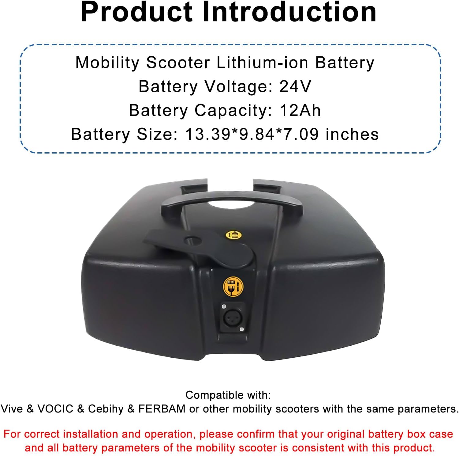 24V 12AH Mobility Scooter Lithium High Performance Battery Replacement for Vive 3 or 4 Wheel Compatible with VOCIC Folding Wheelchair with Seat - Including Charger (24V 12Ah)