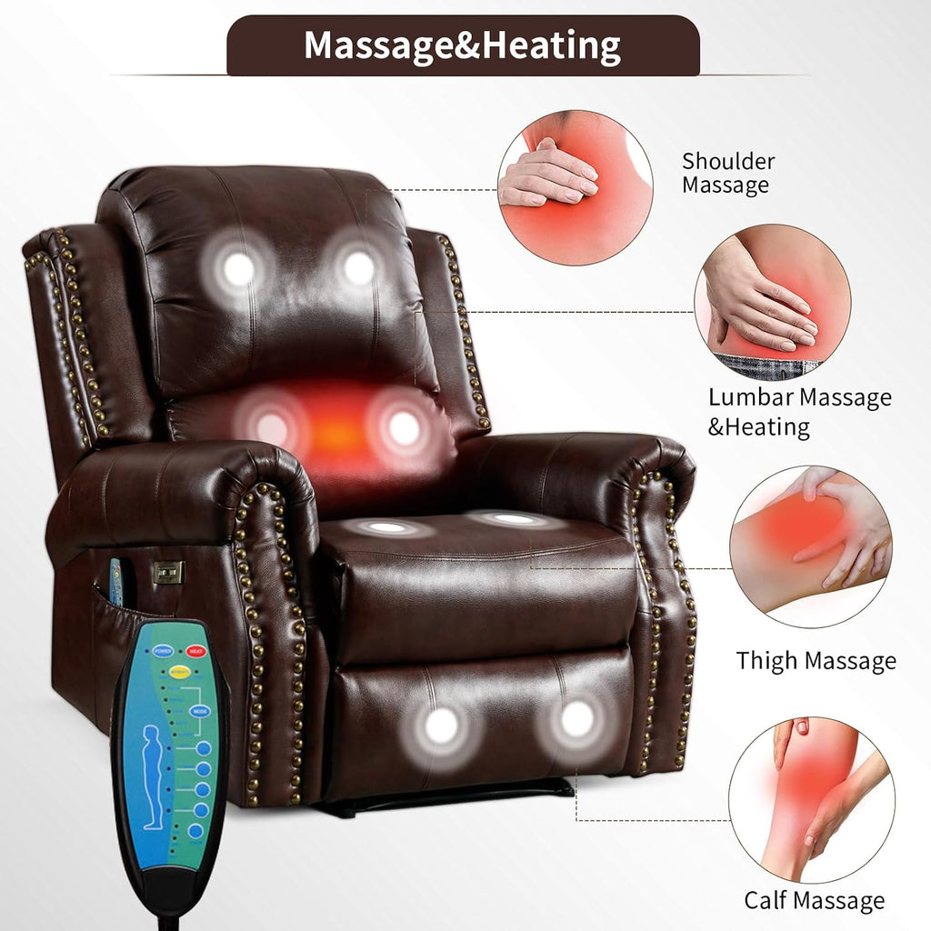 HAOMARKETS Classic Power Recliner Chair Set of 2 with Massage and Heat, Breathable Faux Leather Electric Recliner with USB Port, Overstuffed Reclining Sofa with Rivets for Living Room, Caramel Brown