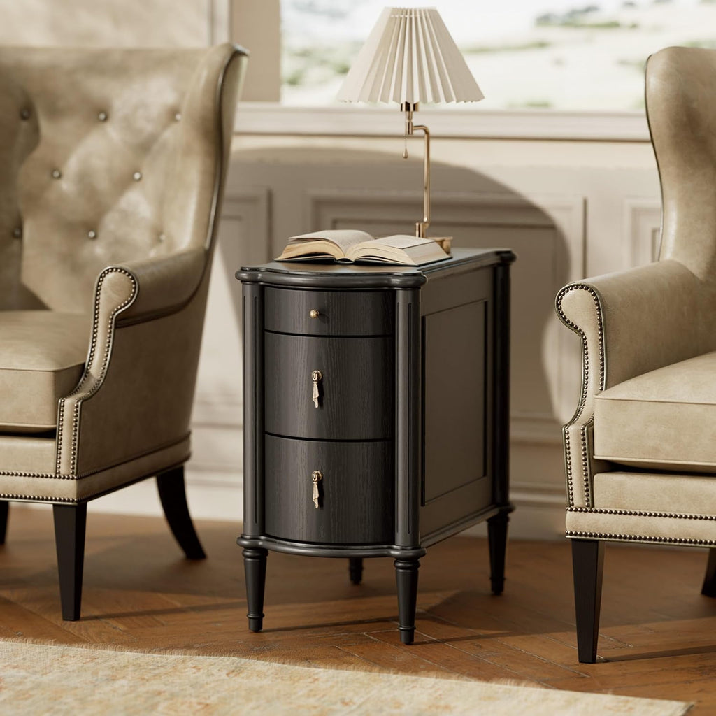 STO'SENSE Nightstand w/Charging Station & 3 Drawers, Pre-Assembled, Vintage Side Table w/Antique-Finished Pulls, Rustic Wood Finish, Narrow End Table w/Turned Legs for Bedroom (2, Black)