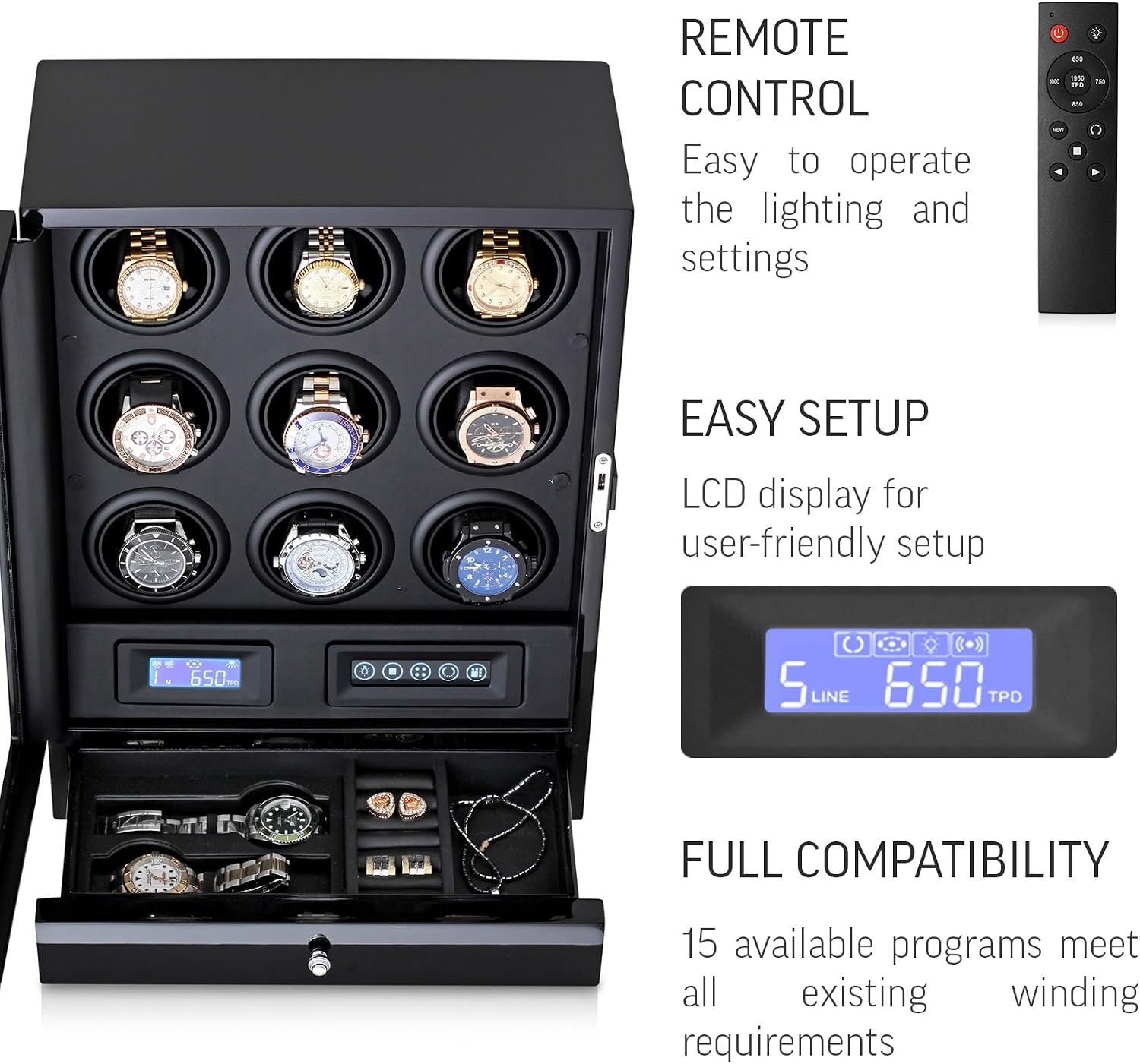 9 Watch Winder with LED Interior Light, LCD Display and 2 Watch Storage Space
