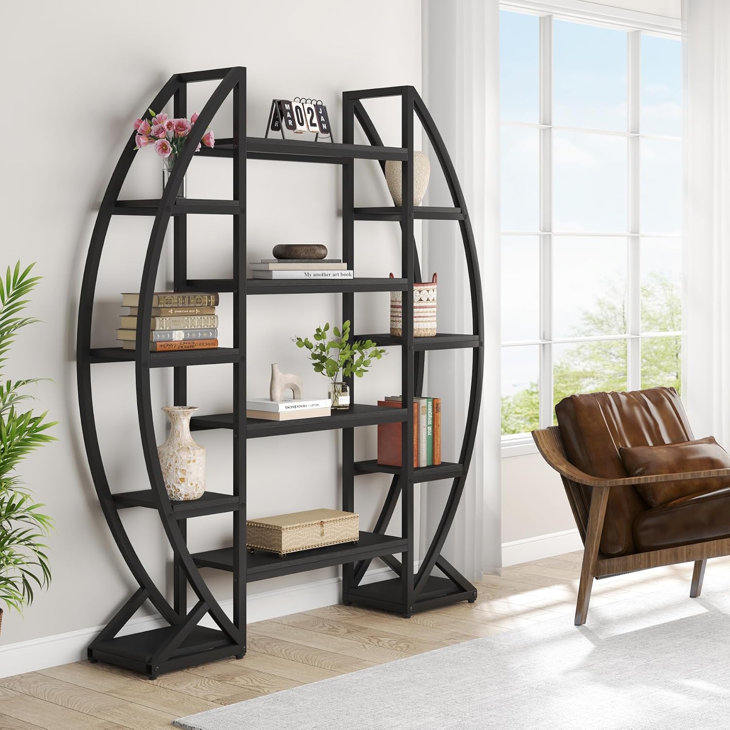 Tribesigns Oval Bookshelf, Triple Wide 5 Tiers Etagere Bookcases, Industrial Display Shelves for Living Room (55', Black)