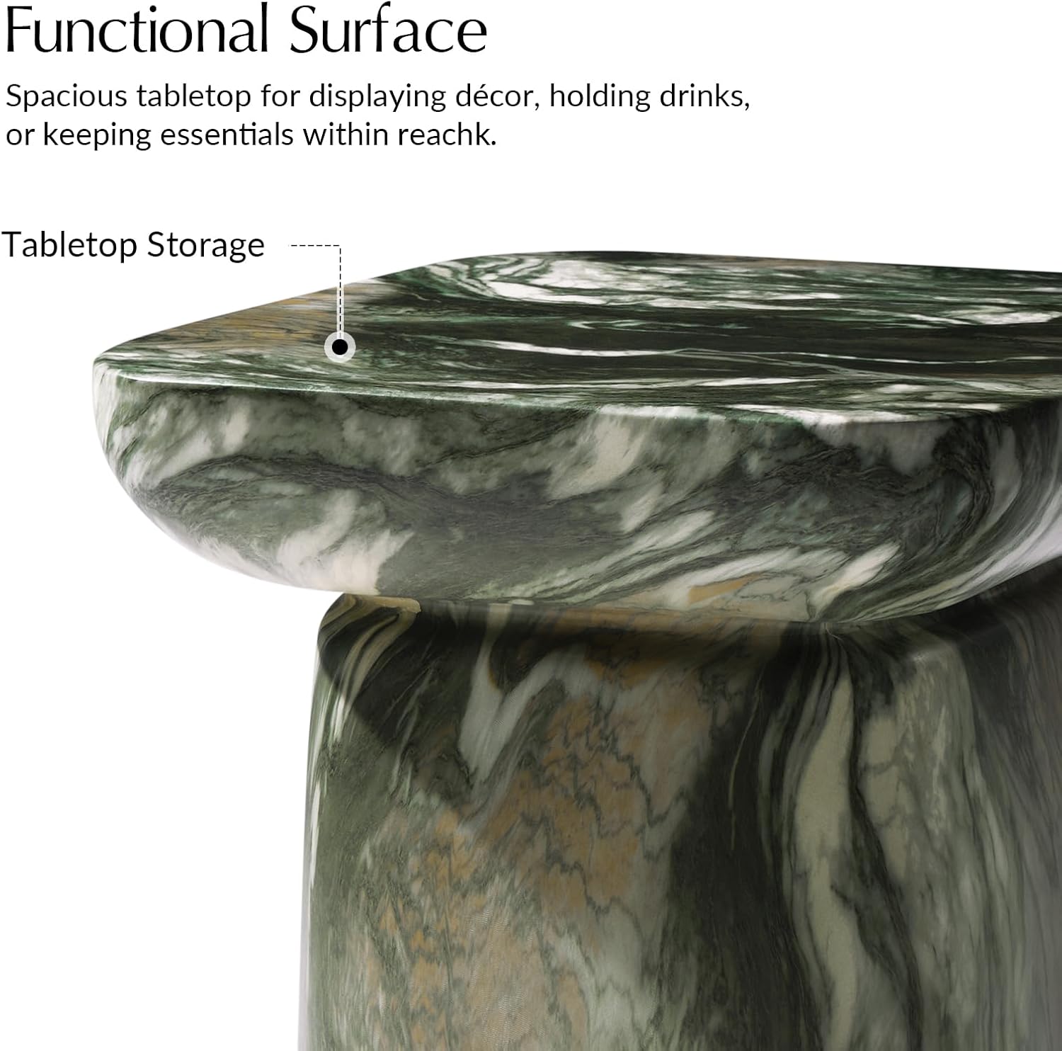 HULALA HOME Modern Concrete Side Table, Marble Stone End Table, Elegant Minimalist Pedestal Accent Table, Small Round Nightstand for Bedside & Sofa Side, Fully Assembled, Green