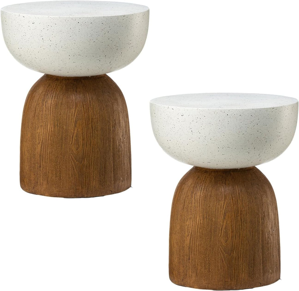 Glitzhome Outdoor Side Table Set of 2, 17.75' H Decorative Garden Stool MGO Geometric Wood Texture End Table, Round Planter Stand for Indoor Outdoor Living Room Bedroom Patio Deck Poolside