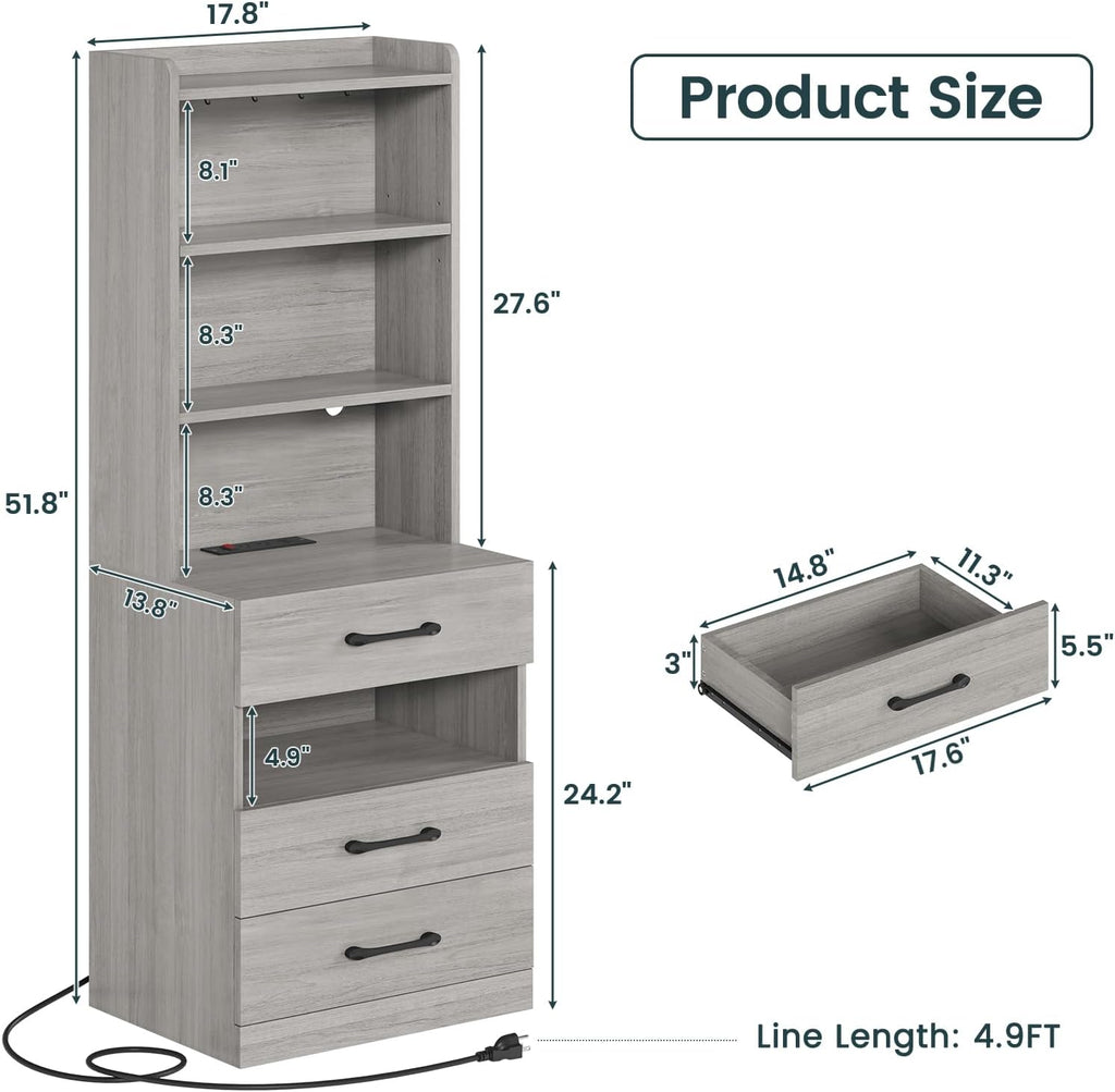AOGLLATI Tall Night Stand Set of 2 with Charging Station and LED Lights, Grey Nightstand with 3 Drawers and Adjustable Shelves, Modern Bedside Table with Bookshelf for Bedroom
